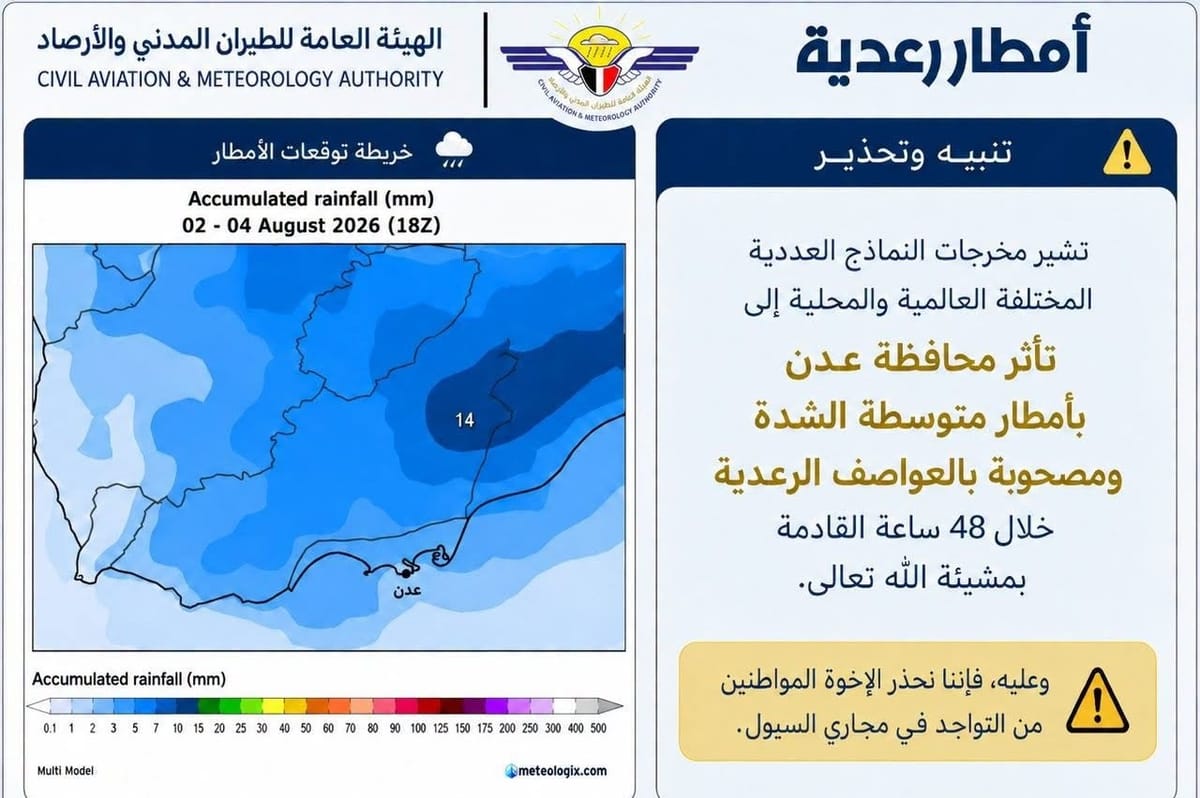 الإنذار المبكر يحذر من هطول أمطار رعدية على عدن