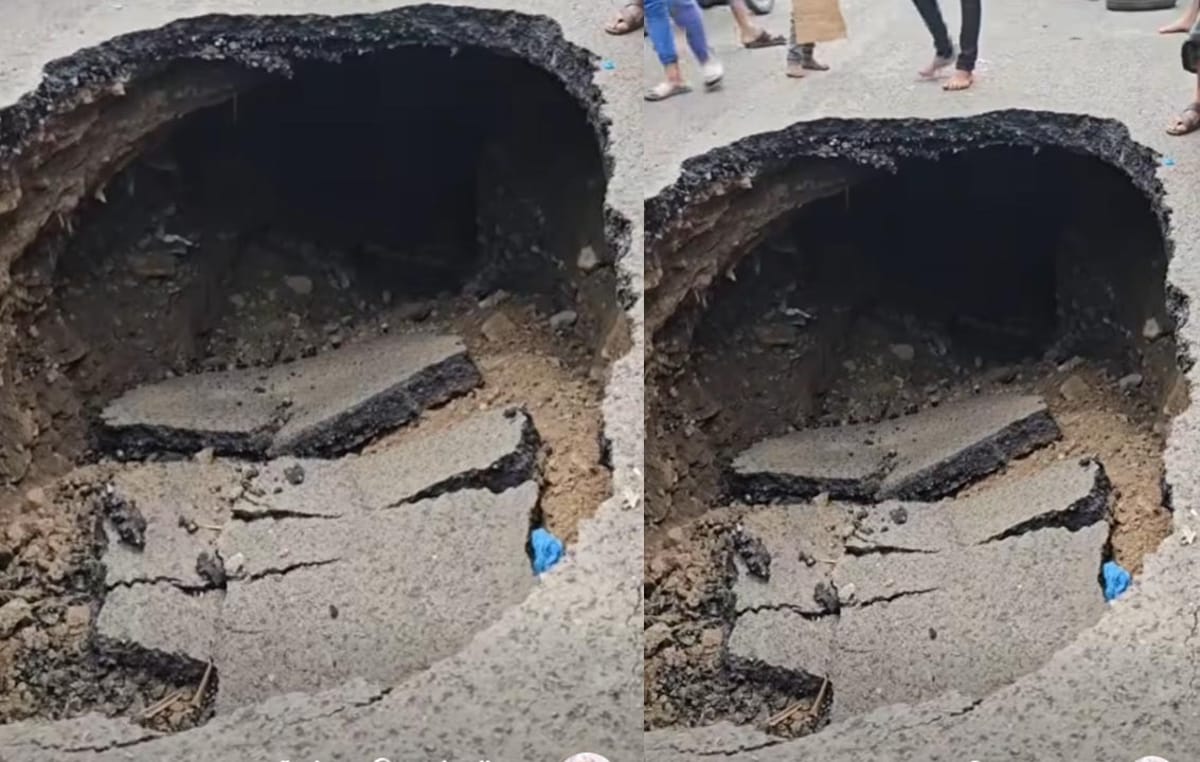 انهيار أرضي مفاجئ يخلّف حفرة عميقة بأحد شوارع تعز