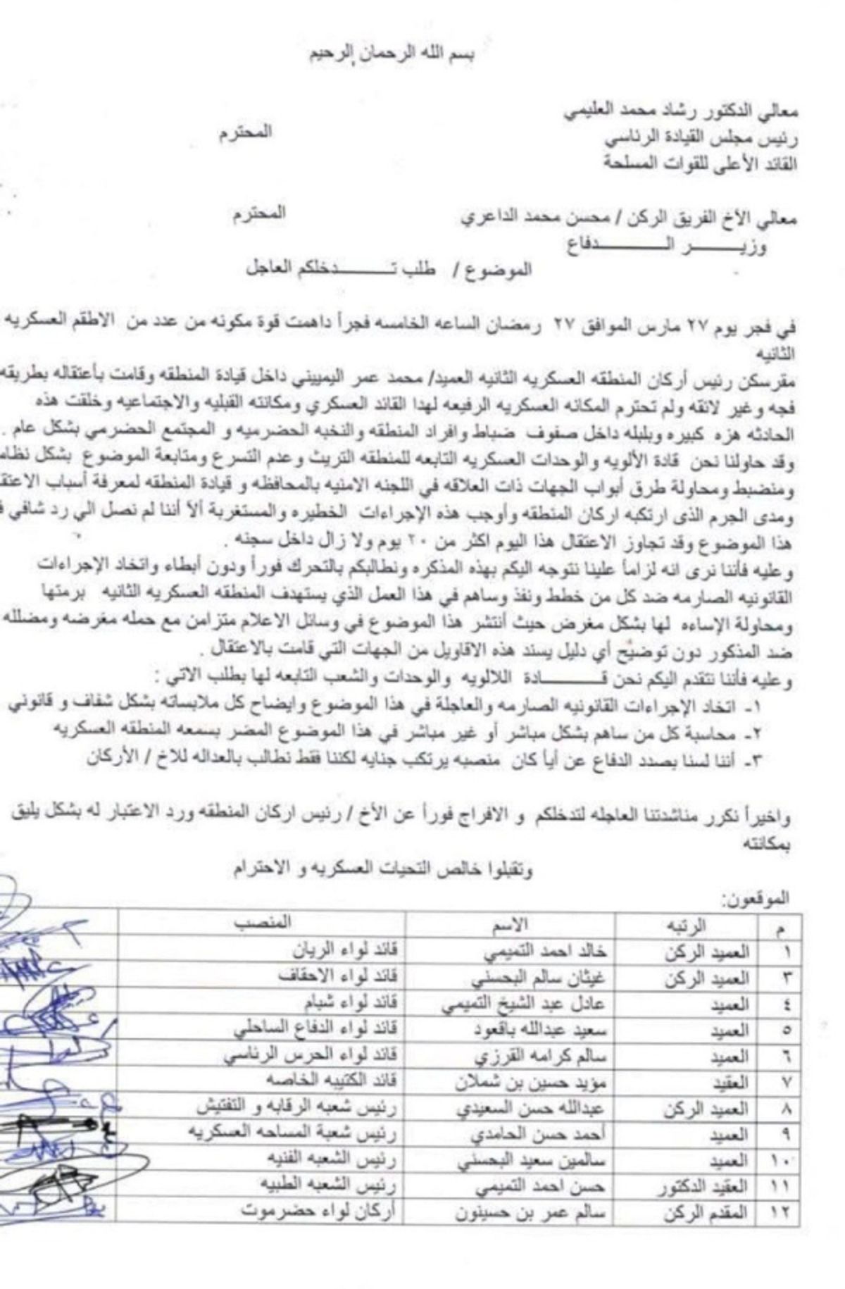 حضرموت.. قادة عسكريون يطالبون بالإفراج عن أركان المنطقة الثانية المختطف منذ أسبوعين