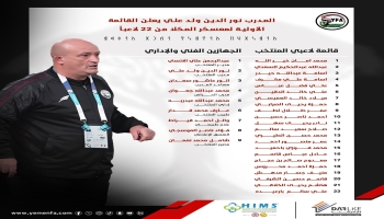 منتخبنا الوطني يعلن قائمته الأولية لمعسكر المكلا استعدادًا لمواجهة لبنان