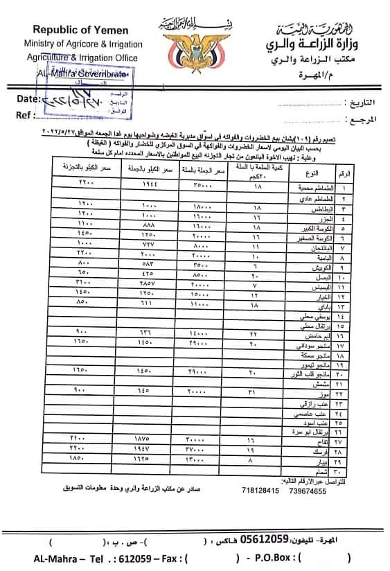 أسعار الخضروات والفواكه في المهرة اليوم الجمعة