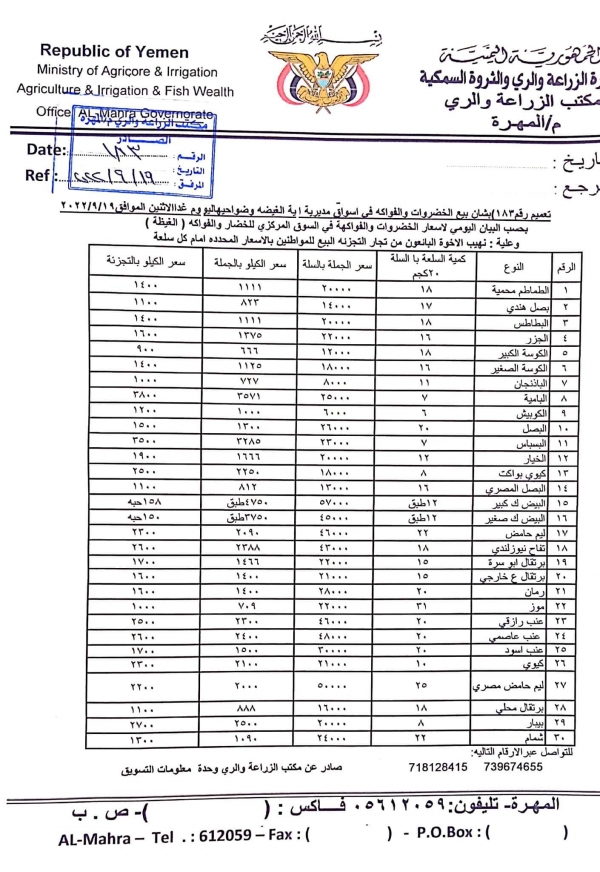 أسعار الخضروات والفواكه في المهرة اليوم الإثنين