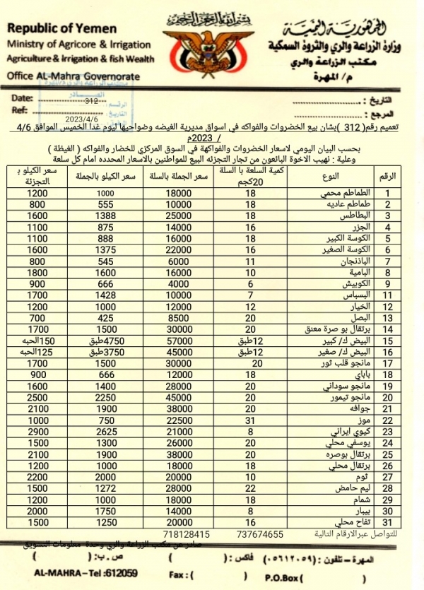 المهرة.. أسعار الخضروات والفواكه لليوم الخميس