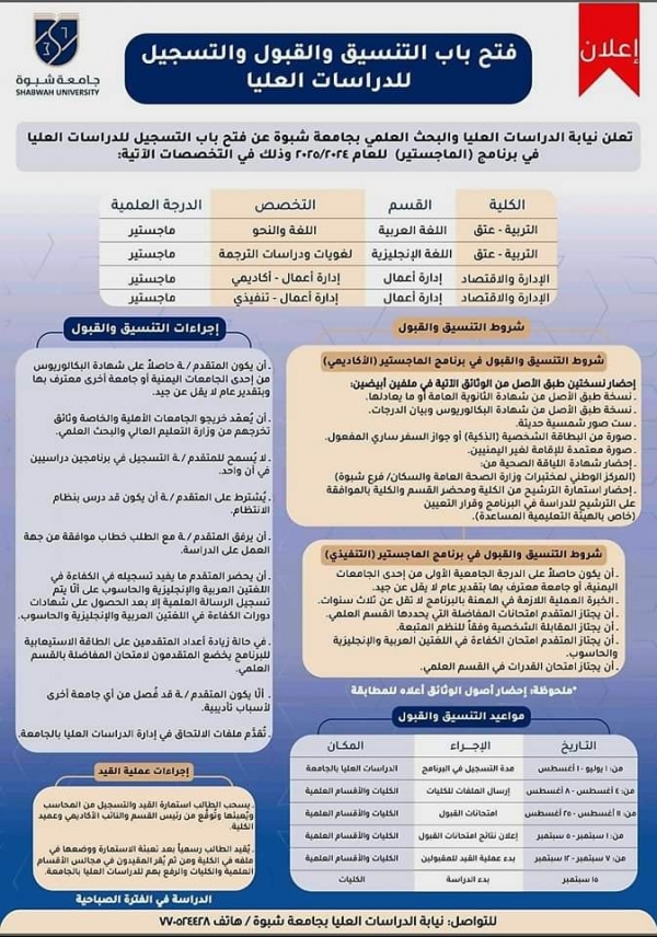 جامعة شبوة تعلن افتتاح التسجيل  لبرامج الدراسات العليا